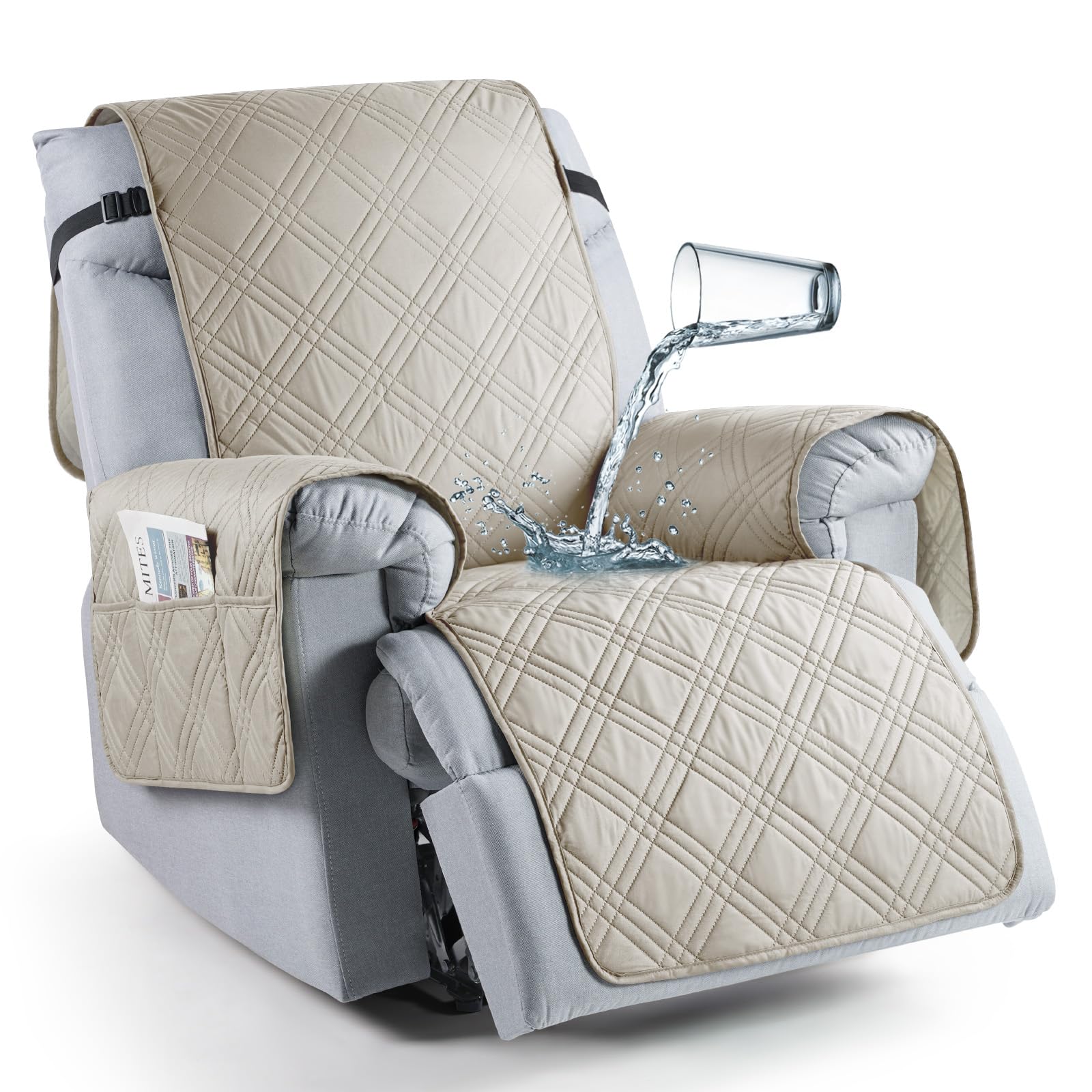 TAOCOCO 100% Waterproof Recliner Chair Cover, Non Slip Recliner Covers for Recliner Chair with Pocket, Washable Reclining Chair Cover Furniture Protector for Kids, Pets(23.6'', Cream)