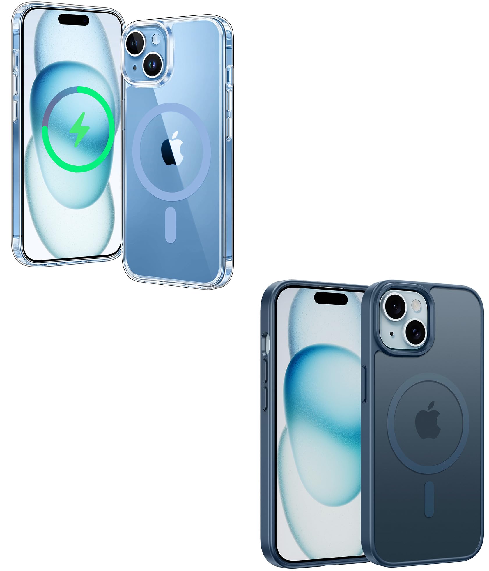 FNTCASE for iPhone 15 Phone Case: Support Magnetic Charging Military Grade Shockproof Drop Protection Cell Phone Cover (Blue - Clear & Frosted Translucen)
