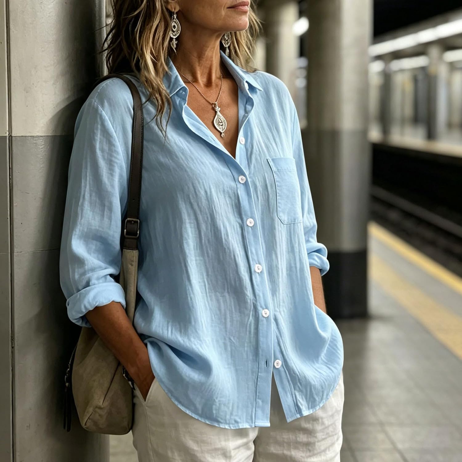 Womens Button Down Shirts Long Sleeve V Neck Up Blouses | Womens Button Down Shirts Long Sleeve V Neck Button Up Blouses Summer Cotton Linen Casual Tops with Pocket