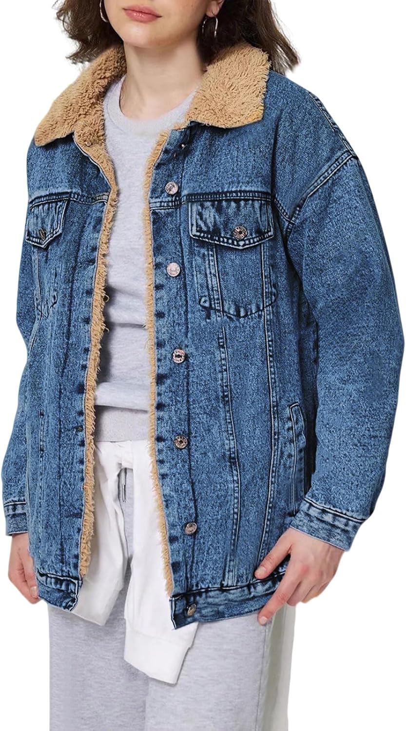 loveimgs Women Sherpa Fleece Lined Denim Jacket Oversized Button Down Jean Jacket Winter Boyfriend Trucker Jackets Coat Y2k