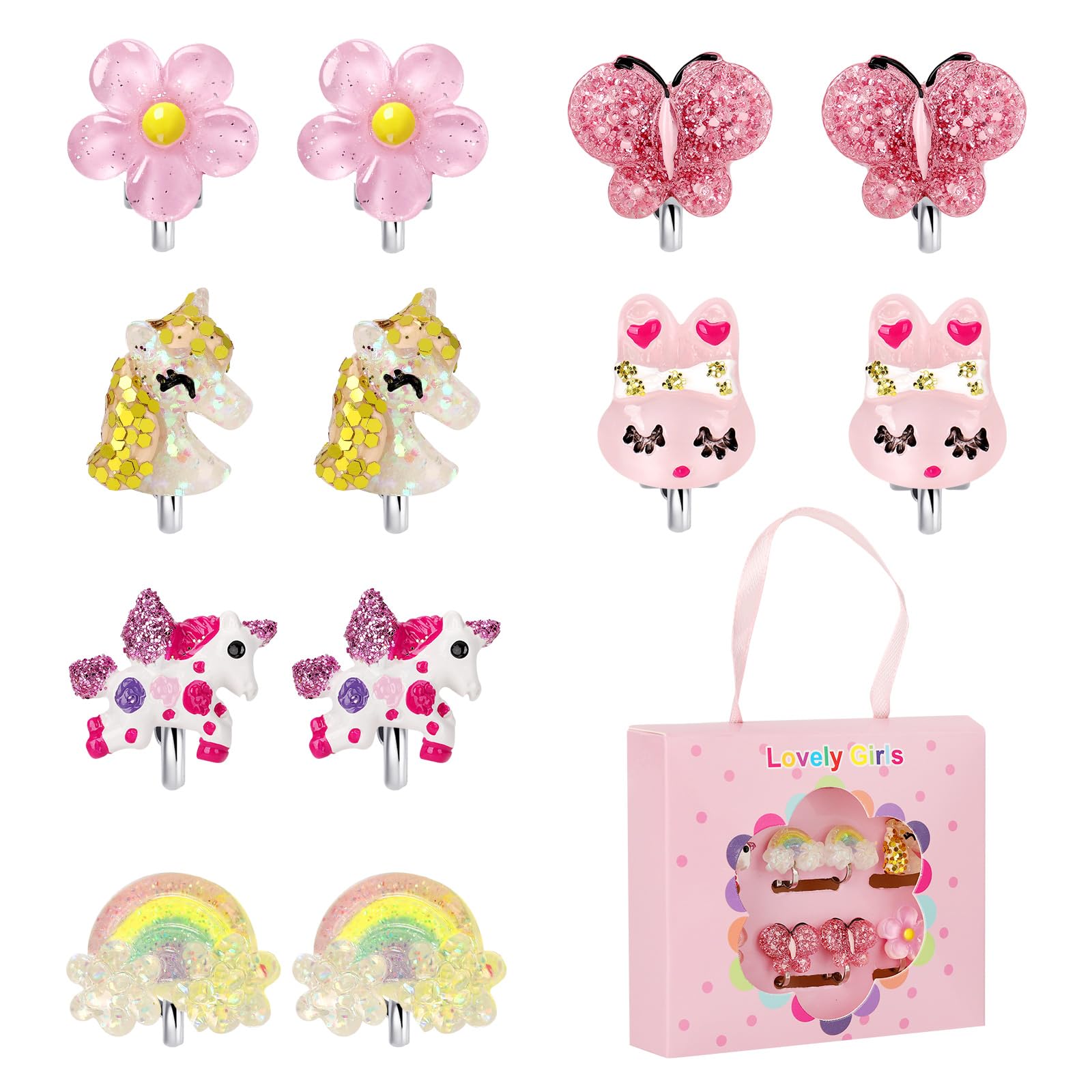 6Pairs Unicorn Flower Clip On Earrings for Little Girls, Toddler Butterfly Clip On Jewelry Rainbow Earrings Kids Dress Up Jewelry