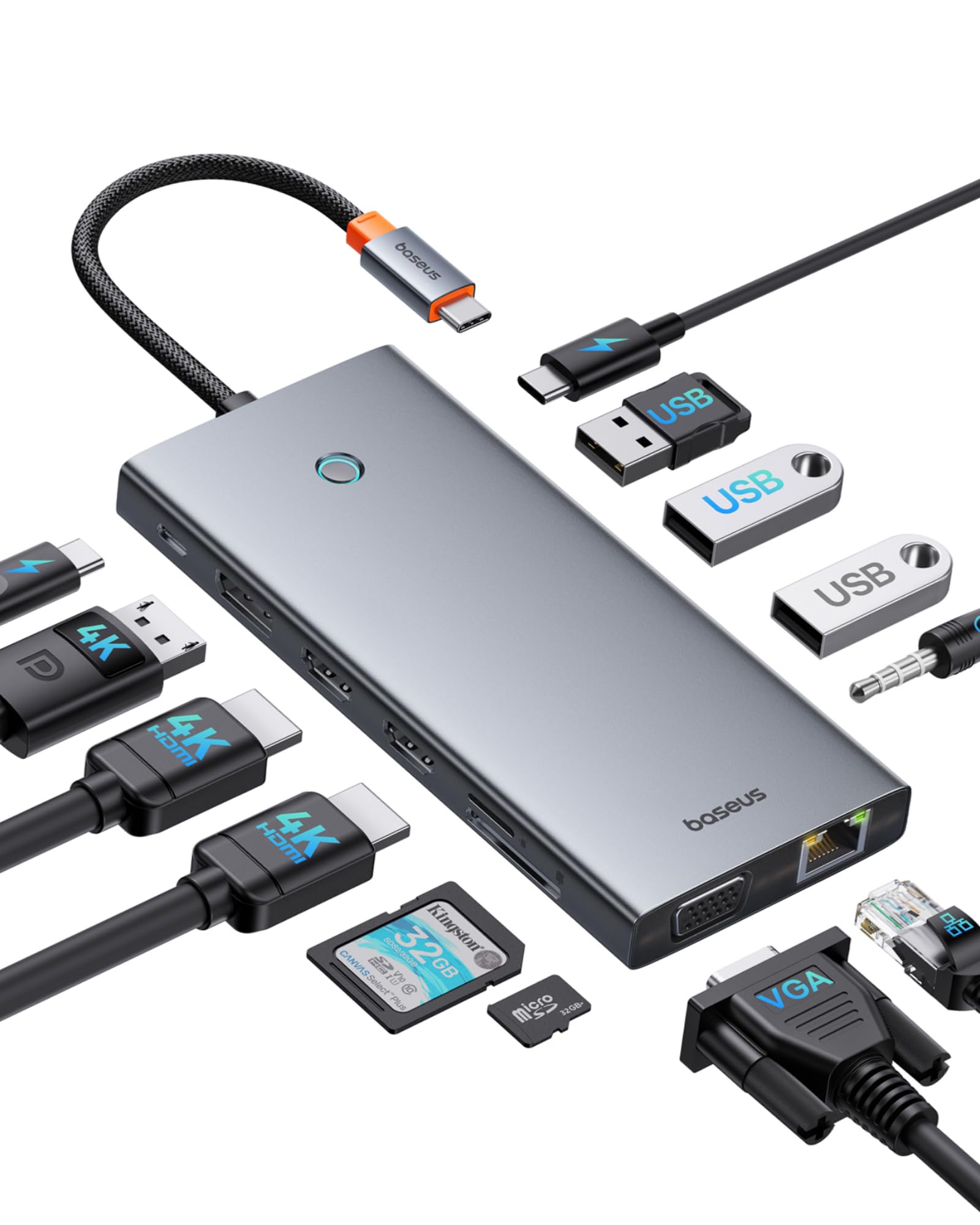 Baseus Docking Station USB-C 3 Monitor, Chip Ottimizzato,13-In-1 Hub USB-C, 2*HDMI e 1*DP 4K 60Hz, VGA, USB 3.1, PD 100W, Ethernet, Per Laptop