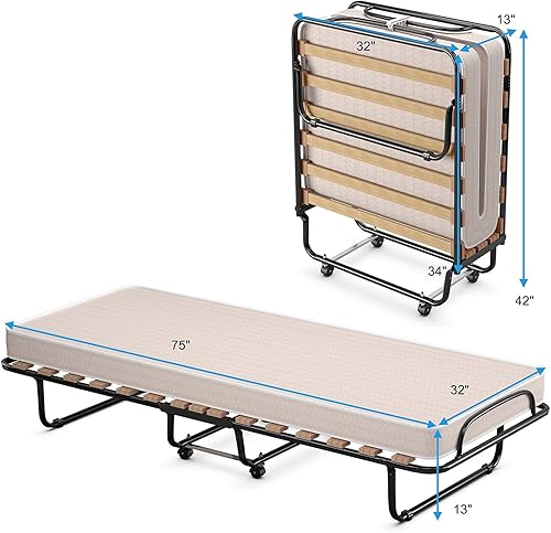 Miniatura 4 de DORTALA Cama plegable portátil, camas plegables con colchón de lujo, marco de metal súper resistente y resistente, cama sobre ruedas para el hogar y