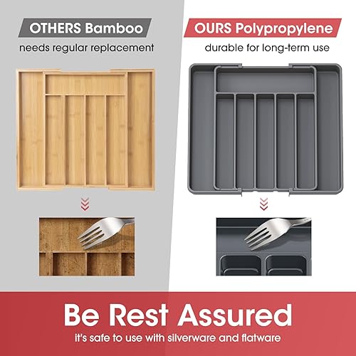 Vista 13 de Aujen Organizador de cubiertos – Organizador de cajones de cocina expandible, organizador de utensilios ajustable, bandeja de cubiertos para Negro