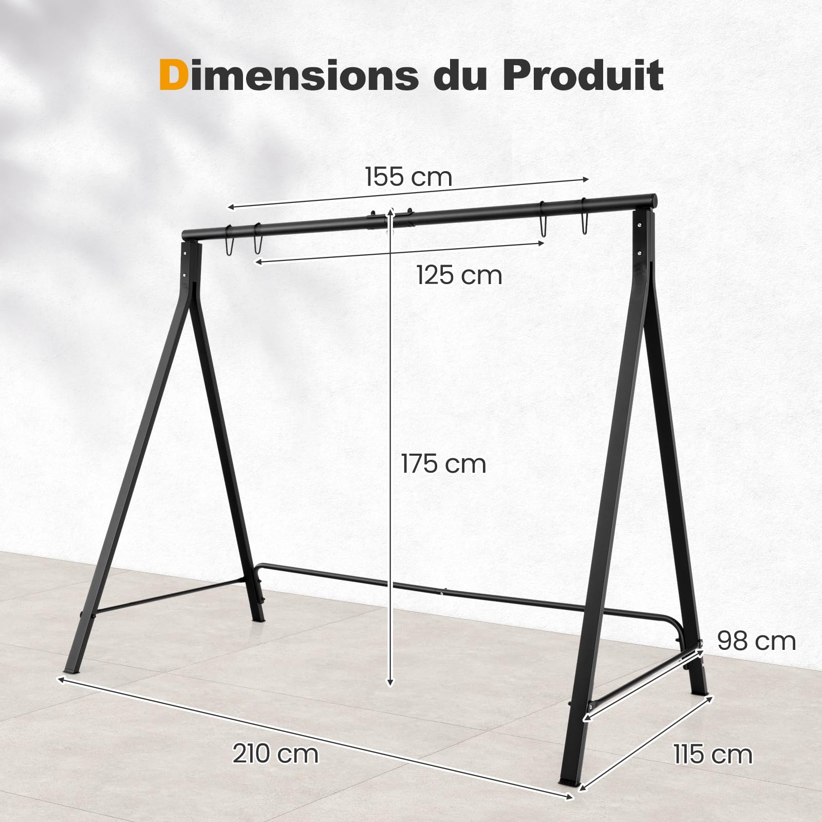 COSTWAY Cadre de Balançoire en Métal avec 5 Anneaux de Suspension, Support de Balancelle en Forme de A avec Patins Antidérapants, Charge 120/160kg, pour Jardin Cour Balcon, 210 x 115 x 175 cm