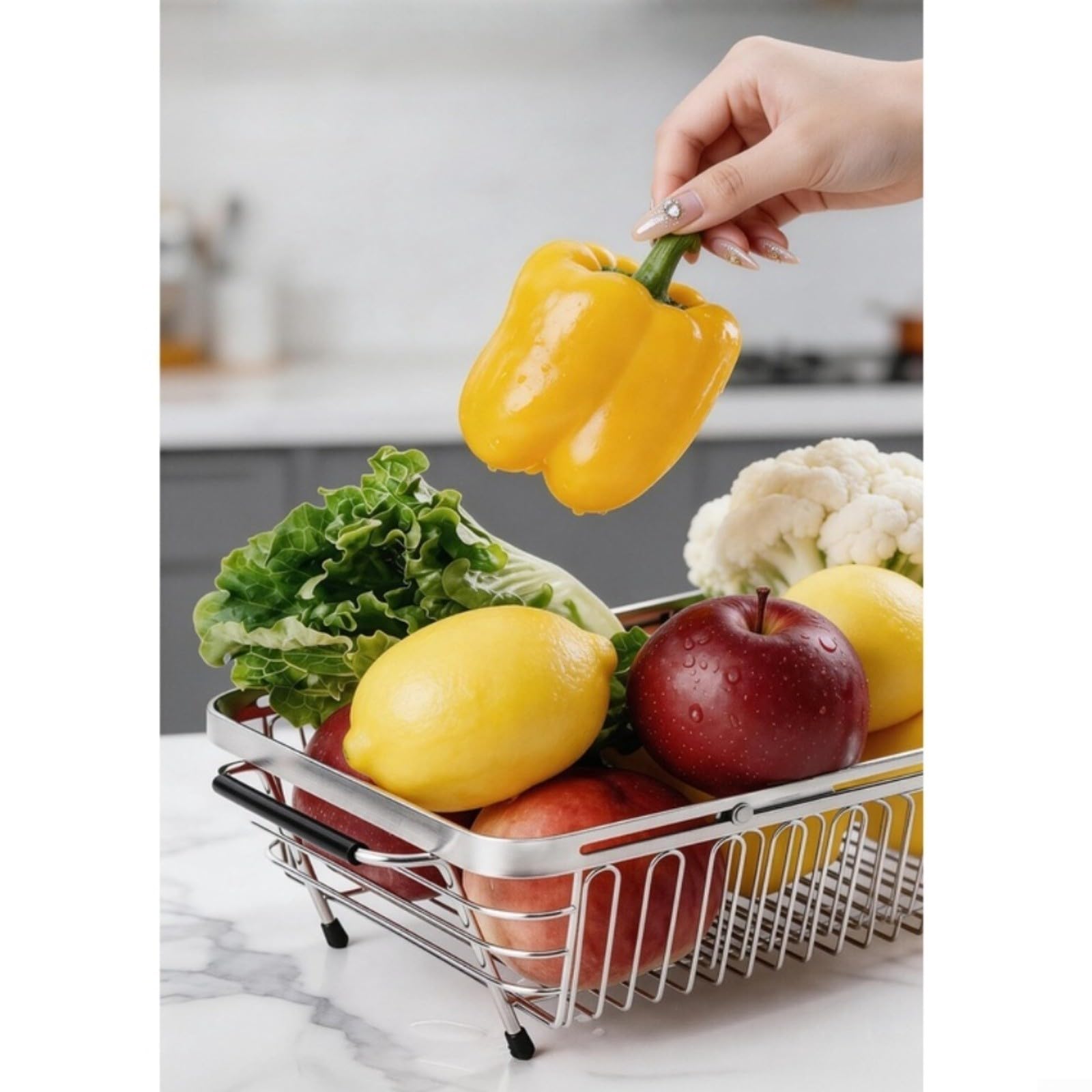 Égouttoir réglable en acier inoxydable 304 pour évier de cuisine – Égouttoir à vaisselle pliable avec poignées antidérapantes, extensible de 25 à 41 cm, argenté (grand)