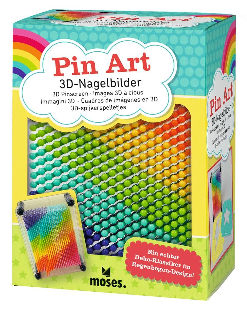 moses. 3D Nail Pictures Rainbow Pin Art, Nail Board for Children in Rainbow Colours, Retro Game with Plastic Nails, Includes Flash and Star Stencils for Impressive 3D Sculptures, Medium