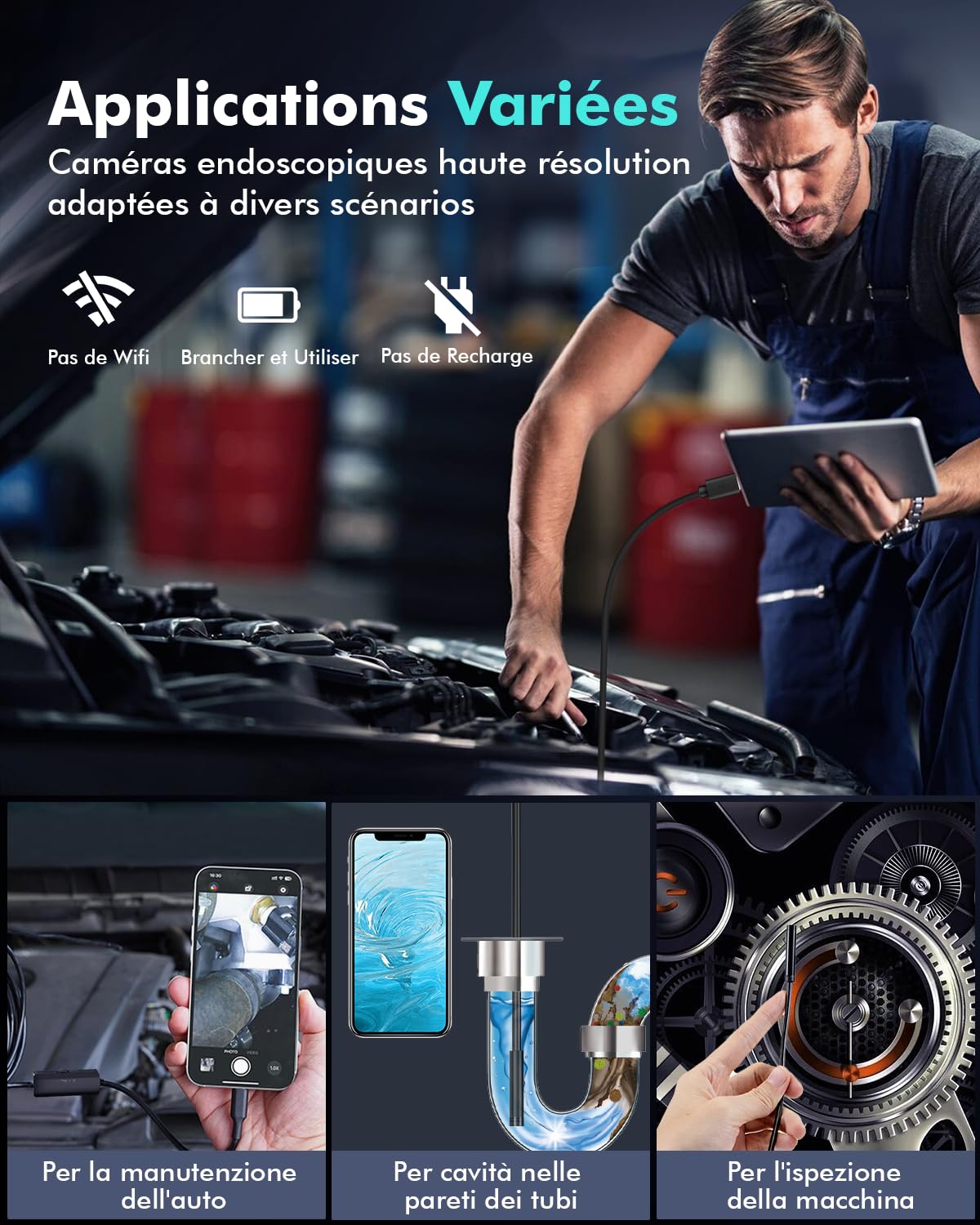 1920P HD Endoscopio Per Ispezione Serpente, Endoscopio per Smartphone con 8 LED, Sonda Telecamera Impermeabile Semirigido, Funziona con Smartphone Android e iOS, iPad (16,5FT/5M)