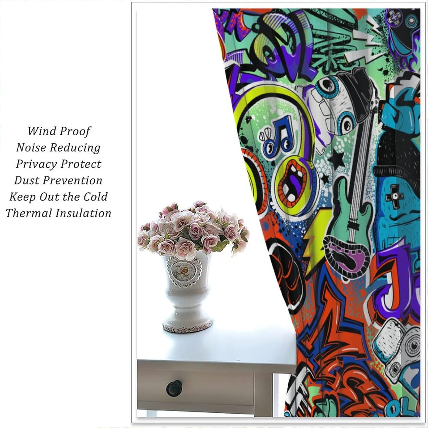 Kids Graffiti Curtain Abstract Game Music Colorful Graffiti Blackout Window Treatment for Boy Girl Living Room Bedroom Decor Window Drapes 42" W X 45" L