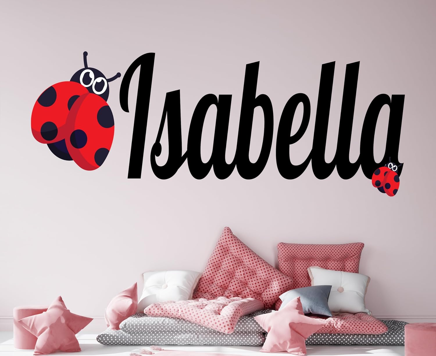 Cute Ladybug Custom Name Wall Decal - Ladybug Wall Sticker - Girl Personalize Name Wall Decor - Wall Decal for Nursery Playroom Bedroom Decoration (Wide 40"x14" Height)