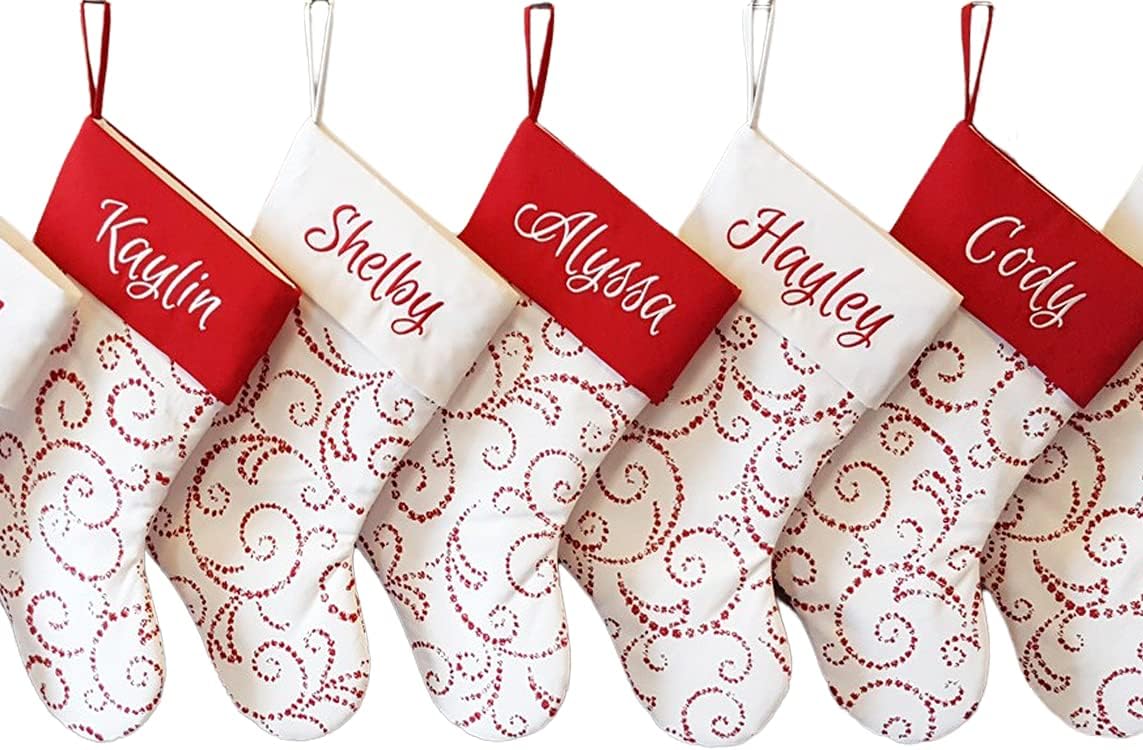 Personalized 19” Christmas Stocking Red & White Classic Whimsical Scroll Design.1 Custom Stocking with Name or Blank