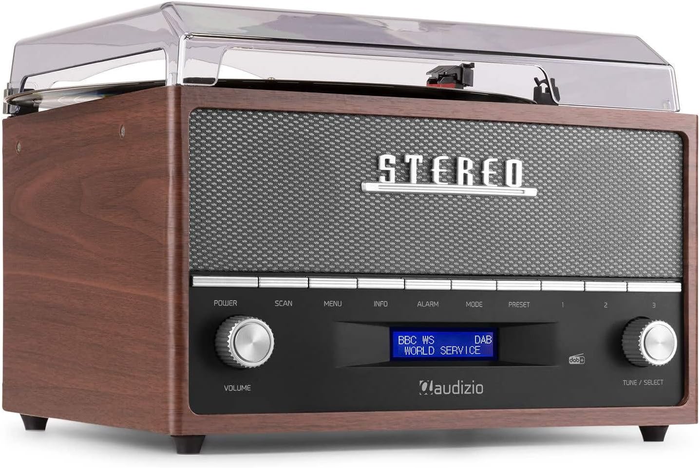 Audizio Frisco Turntable display showing DAB+ radio station information