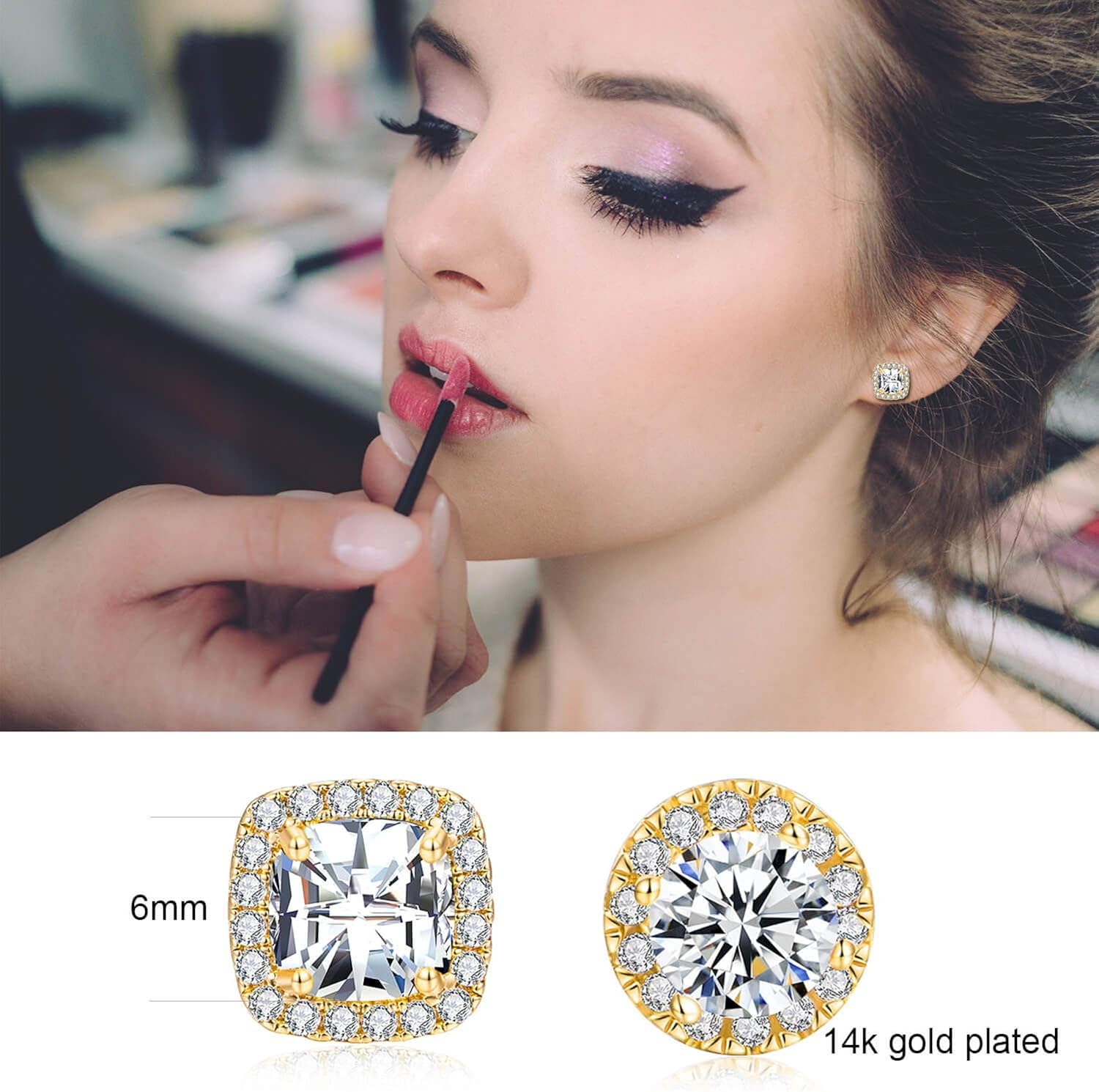 18K White Gold Plated Round Square Cubic Zirconia Simulated Diamond Halo Stud Earrings (2 Pairs): Clothing