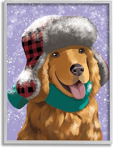 Stupell Industries Happy Golden Retriever - Sombrero de nieve de invierno, diseñado por Sally Springer Griffith - Arte de pared enmarcado, 16 x 20