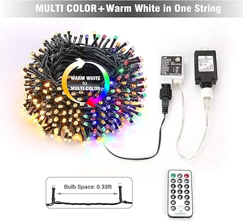 Miniatura 6 de PhilzOps Luces de Navidad, 200 luces LED de 82 pies que cambian de color, blanco cálido y multicolor, con control remoto, 11 modos conectables,