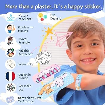 Hello Kitty Cinnamoroll Flexible Plasters in Metal Tin Box, Waterproof & Breathable First Aid Plasters for Kids & Adults, Latex-Free, Hypoallergenic, Easy Removal & Skin-Friendly, 2 Sizes, 24 Plasters