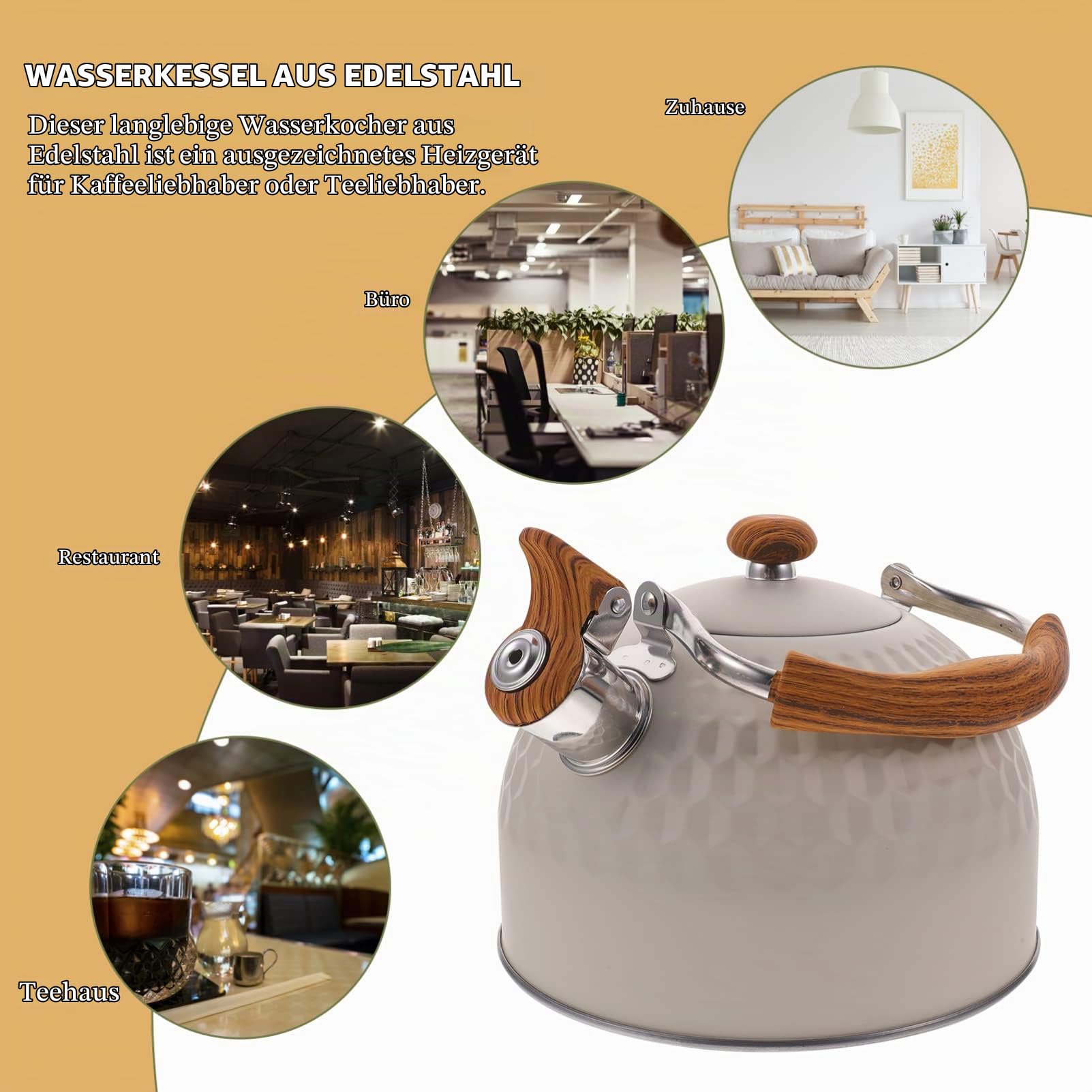 UPKOCH 2.5L Edelstahl Pfeifenkessel Wasserkessel Pfeifkessel Flötenkessel Teekessel Pfeife Wasserkocher mit Holz Pfeifton Griff Induktion Gasherd für Küche Camping Picknick Beige