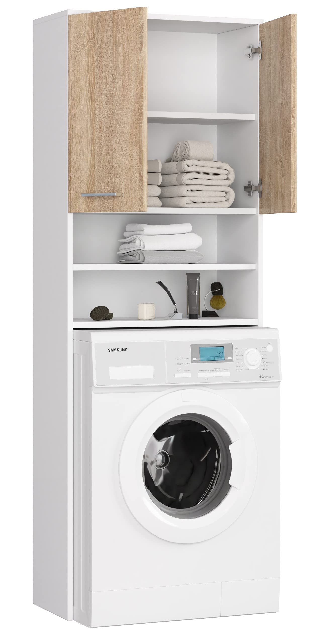AKORD | Armadio Pensile per Lavatrice | Armadio di trasformazione con 2 ante, 2 Ripiani Aperti | Archivio per bagno | Cassettiera per lavatrice | 64x180x30 cm | Peso 30 kg | Bianco/Rovere Sonoma