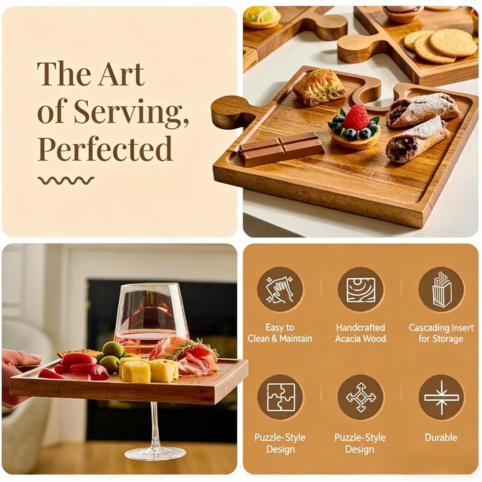 Charcuterie Board Set - 4-teiliges Holzpuzzle Schneidebretter mit Griffen und Aufbewahrungsbox zum Servieren von Fleisch, Gemüse und Obst auf Partys oder Zuhause