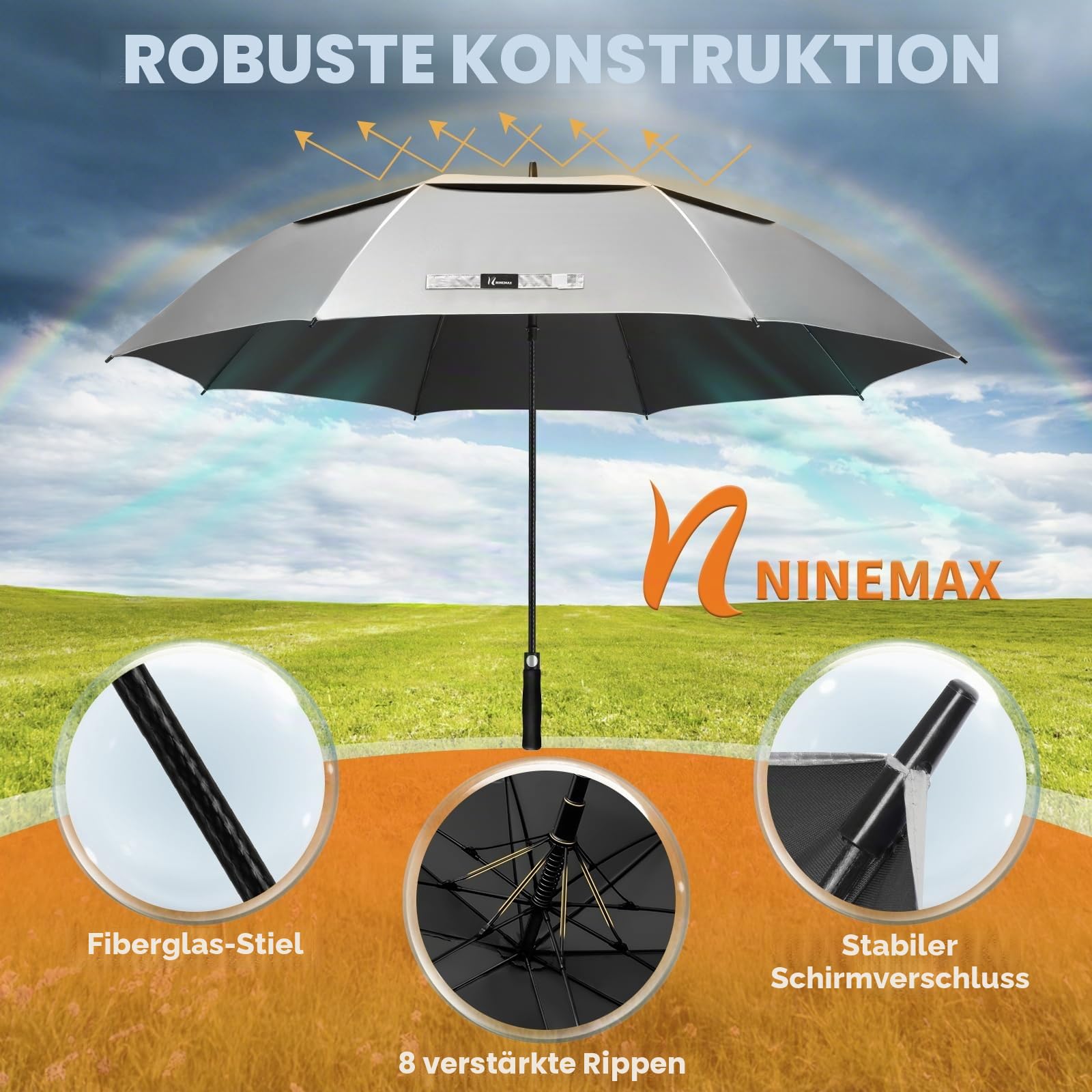NINEMAX Regenschirm mit UV Schutz XL/XXL, UV Großer Golfschirm Sturmfest, Große Golf Sonnenschirm für Herren Damen 2 Personen