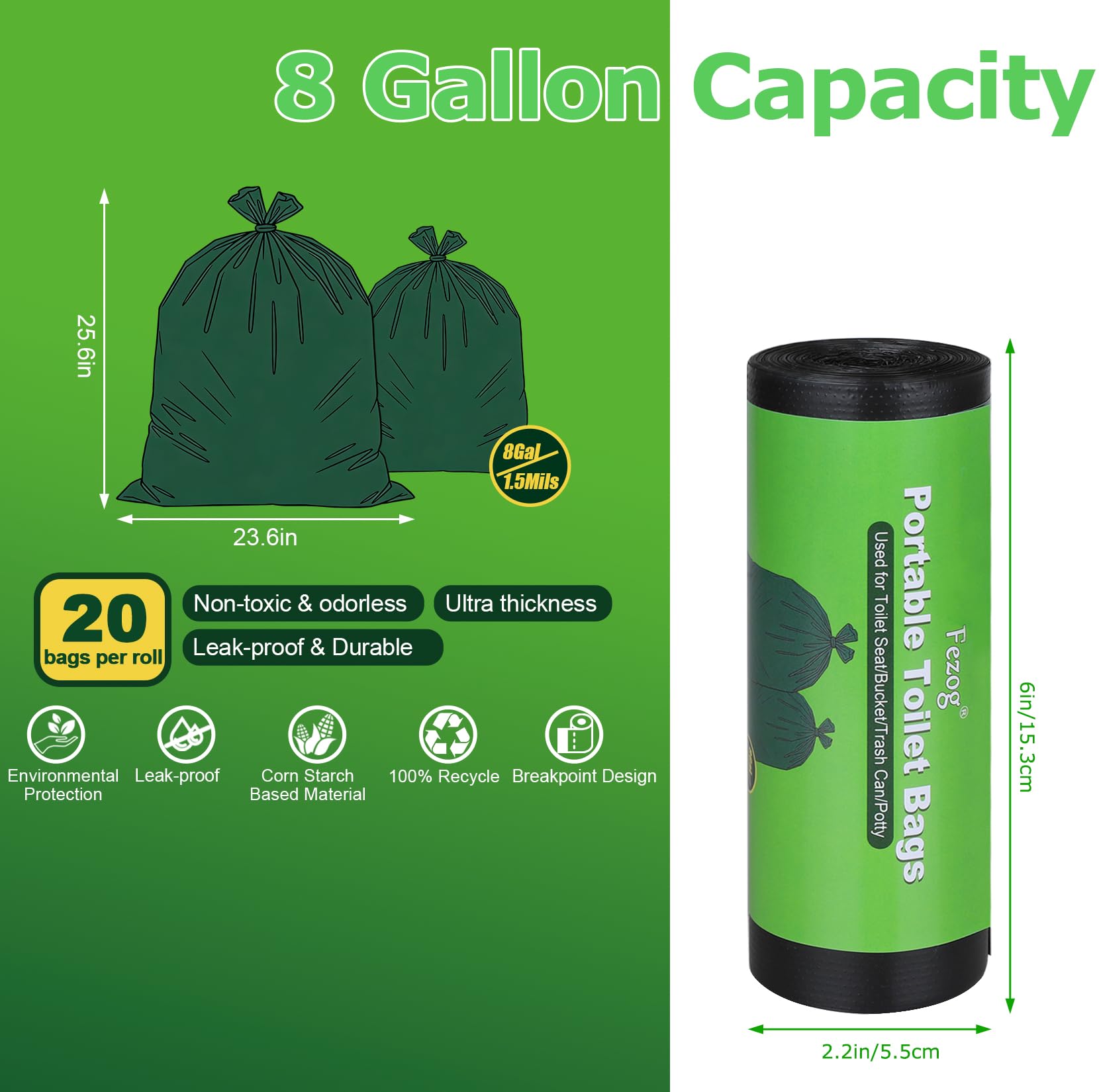 Bolsas de inodoro portátiles, bolsas de inodoro de camping de 8 galones, bolsa de basura a prueba de fugas para viajes, 1.5 mil (negro-120 unidades)