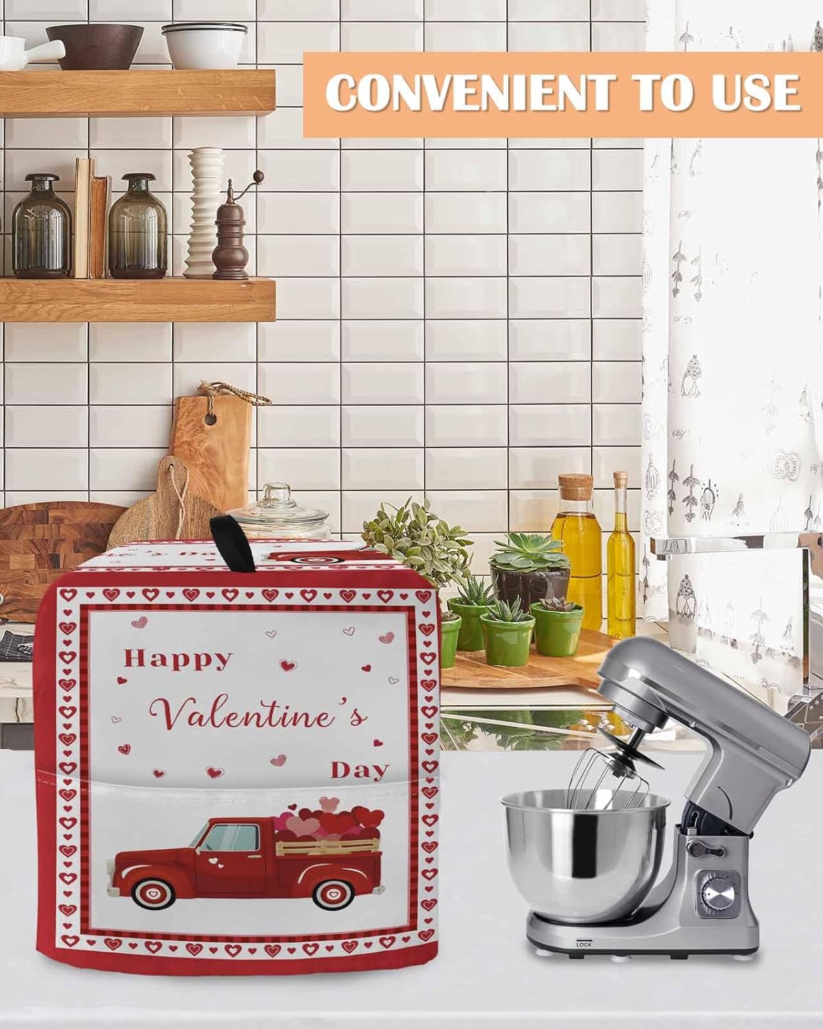 Stand Mixer Cover with Storage Pocket, Valentine's Day Waterproof Kitchen Mixer Covers, Love Heart Truck Modern Art Kitchen Appliance Dust Cover Compatible with 5-8 Quart Mixers