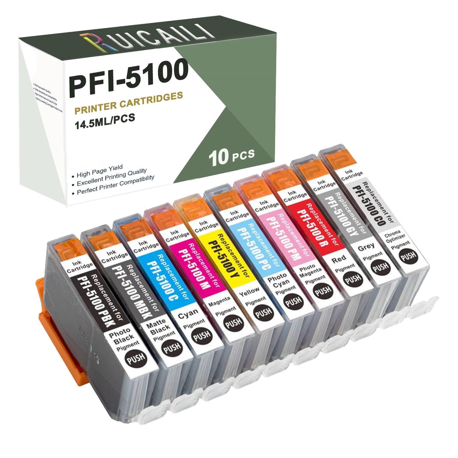 Pigmentdruckpatronen PFI5100 PFI-5100 PFI 5100, 10 Stück mit je 14,5 ml, insgesamt 145 ml, kompatibel mit Canon ImageProGRAF PRO-310
