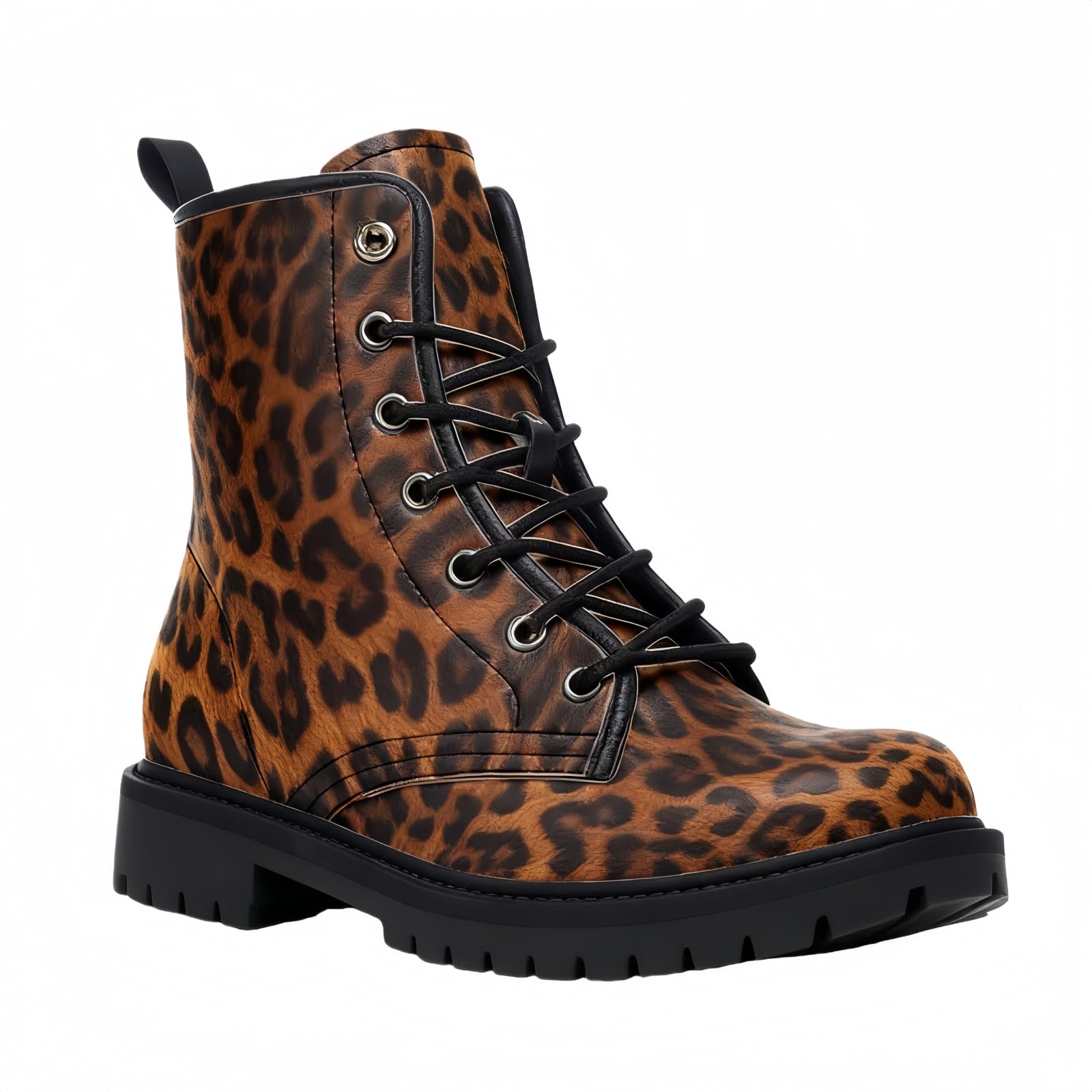 Womens Printed Short Boots Lace-up Chunky Heel Combat Ankle Booties for Girls Ladies Autumn and Winter Shoes Rose