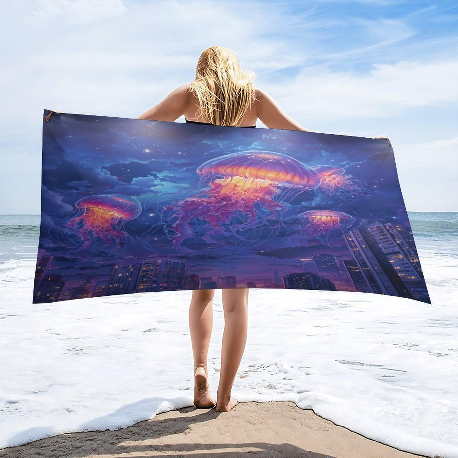 Luyysky Classic Aesthetic Animal Jellyfish Quick-Drying Beach Towel, Modern Retro Starry Sky Ocean Life Jellyfish Cityscape Travel Vacation Single Sided Pile Bathroom Towels-80 W Cm X 160" L Cm