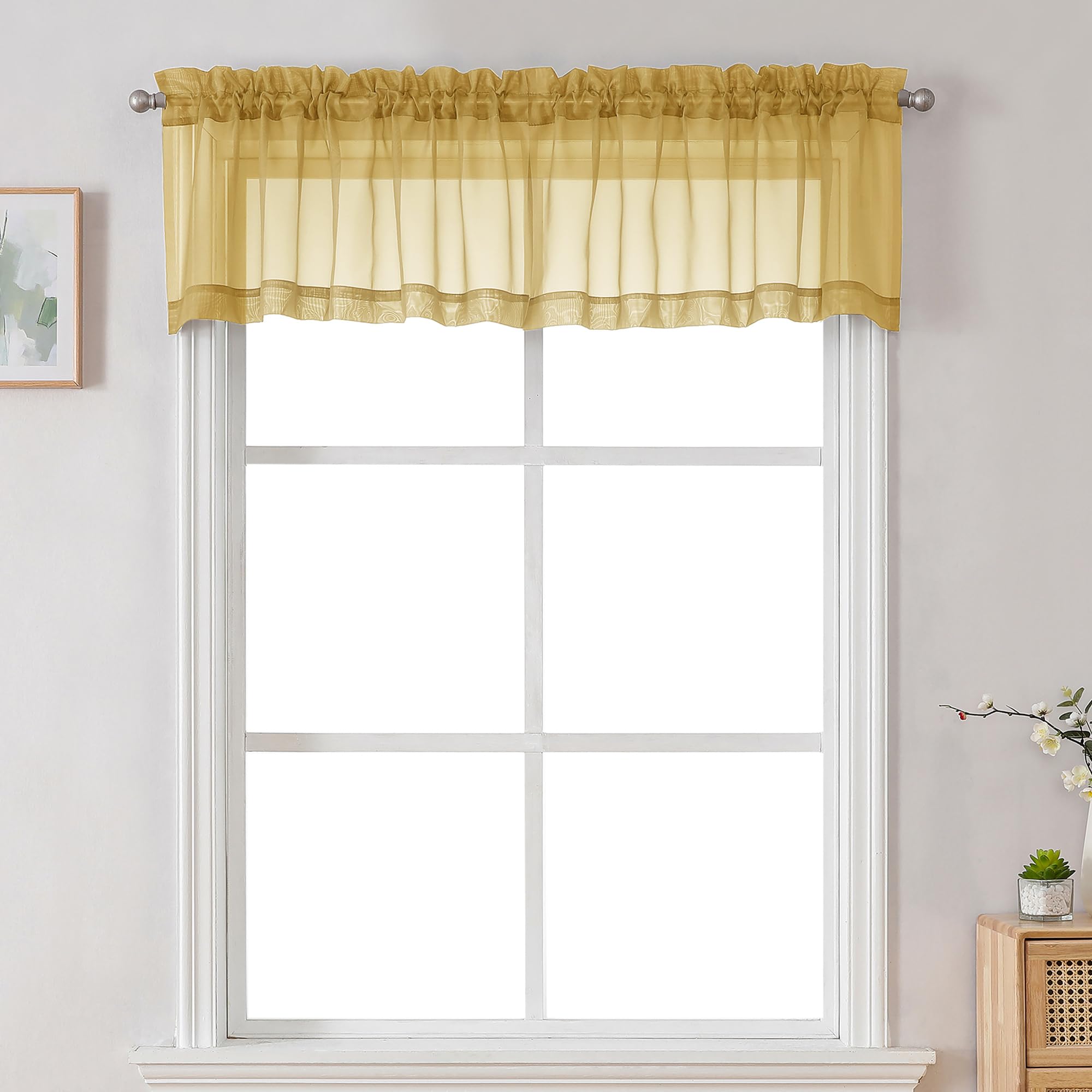 Chyhomenyc Sheer Valances for Windows 2 Pack, Small Curtains for Living Room Bathroom, Modern Top Dual Rod Pocket Voile Basement Curtains, 42W x 14L inches, Gold