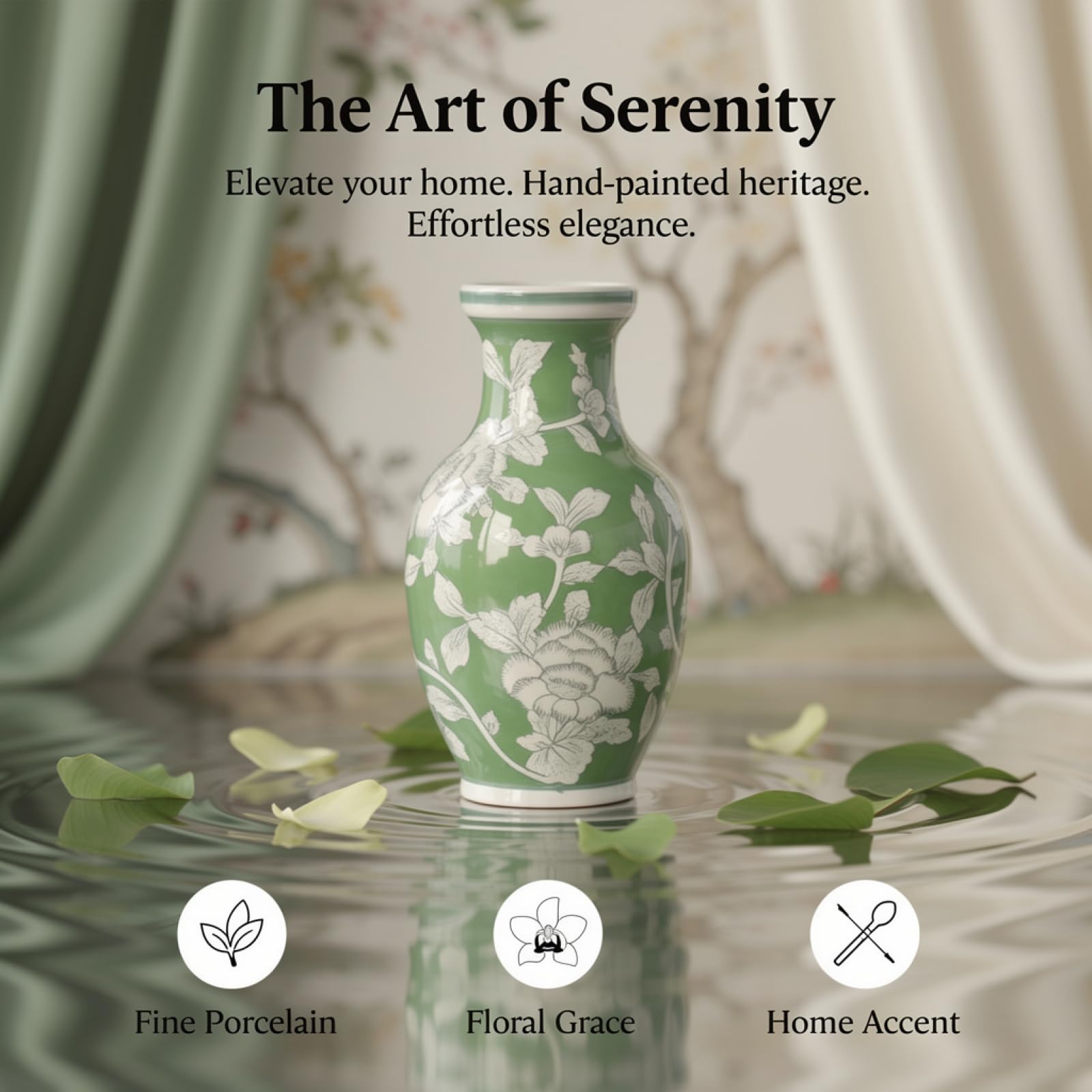 Jarrón Chinoiserie en verde y blanco, jarrón de cerámica de 8.7 pulgadas, porcelana pintada a mano, centro de mesa sofisticado, recipiente floral hidropónico, acento de decoración del hogar, opción de