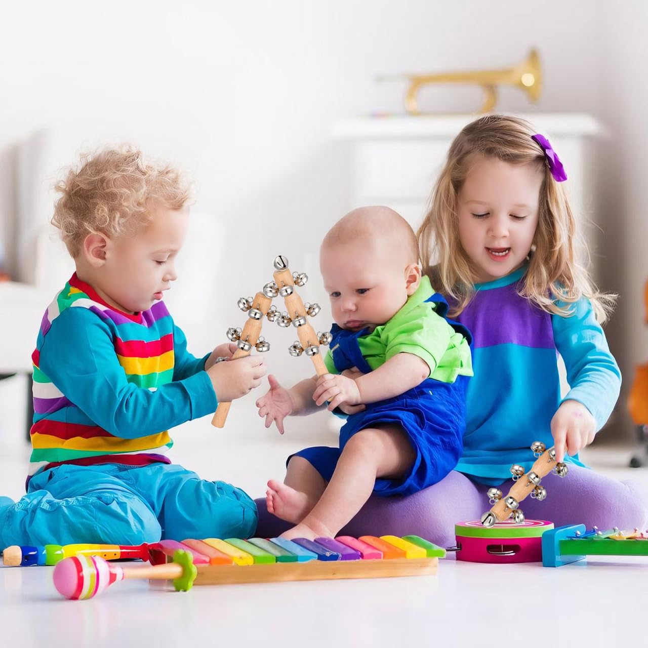 TOYANDONA 10 x Glocken mit Holzgriff für Weihnachten, Rassel, Rassel, Spielzeug für Babys, Kinder, Musikspielzeug, Weihnachtsstrumpffüller