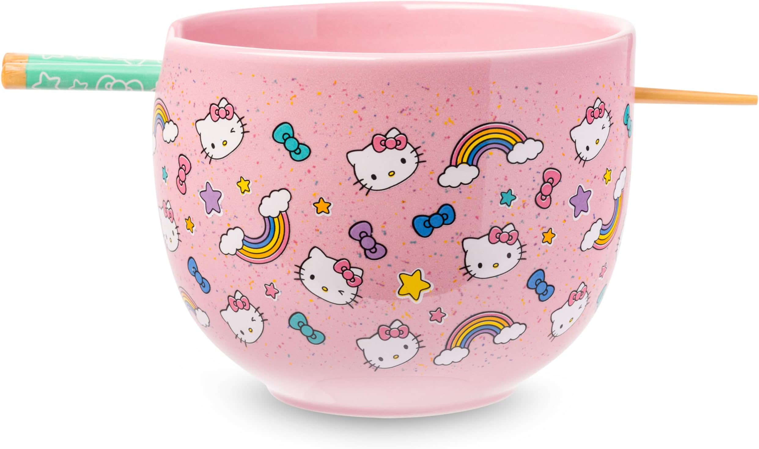 Sanrio Hello Kitty Bows Stars Rainbow Pattern Ceramic Ramen Noodle Rice Bowl with Chopsticks, Microwave Safe, 20 Ounces
