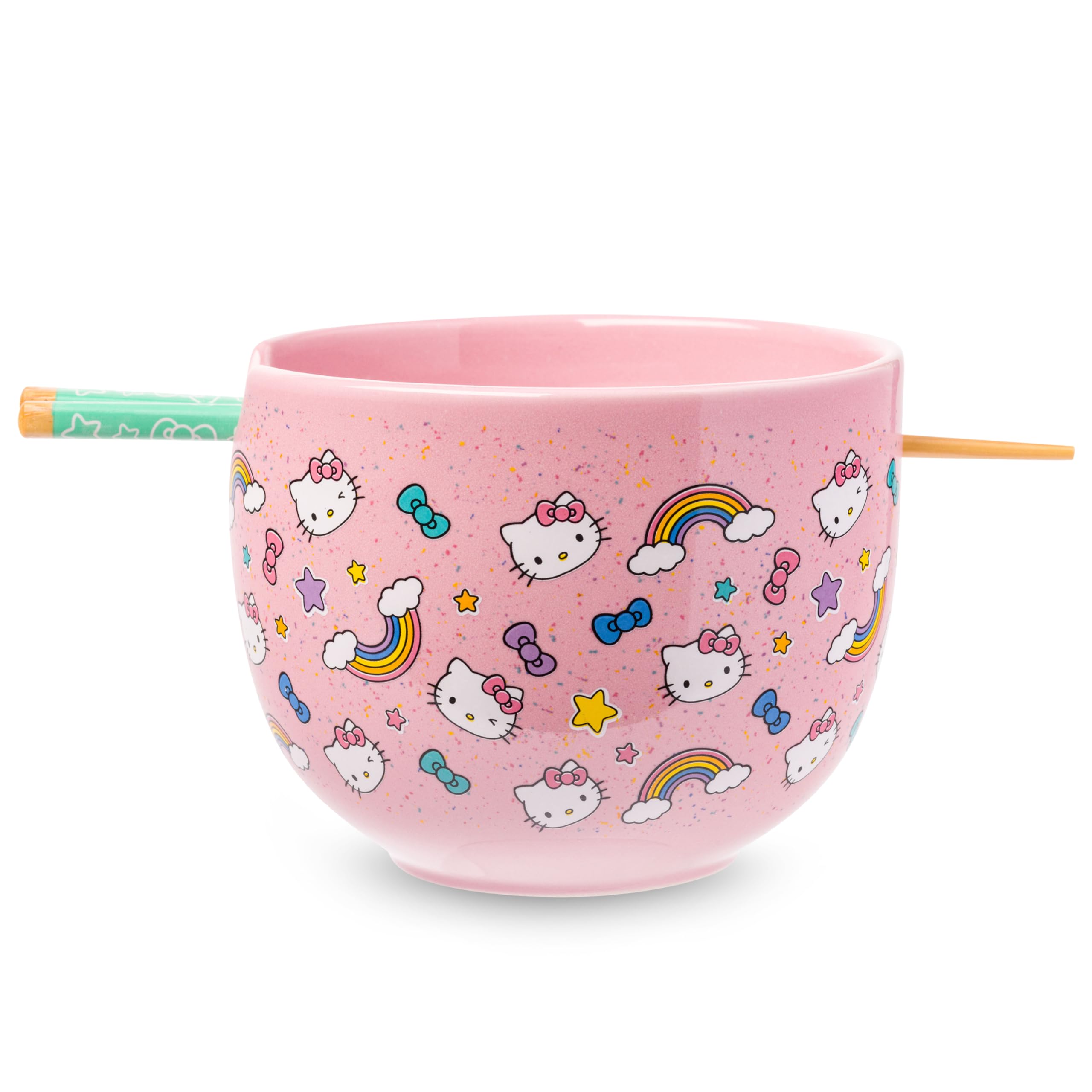 Silver Buffalo Sanrio Hello Kitty Bows Stars Rainbow Pattern Ceramic Ramen Noodle Rice Bowl with Chopsticks, Microwave Safe, 20 Ounces