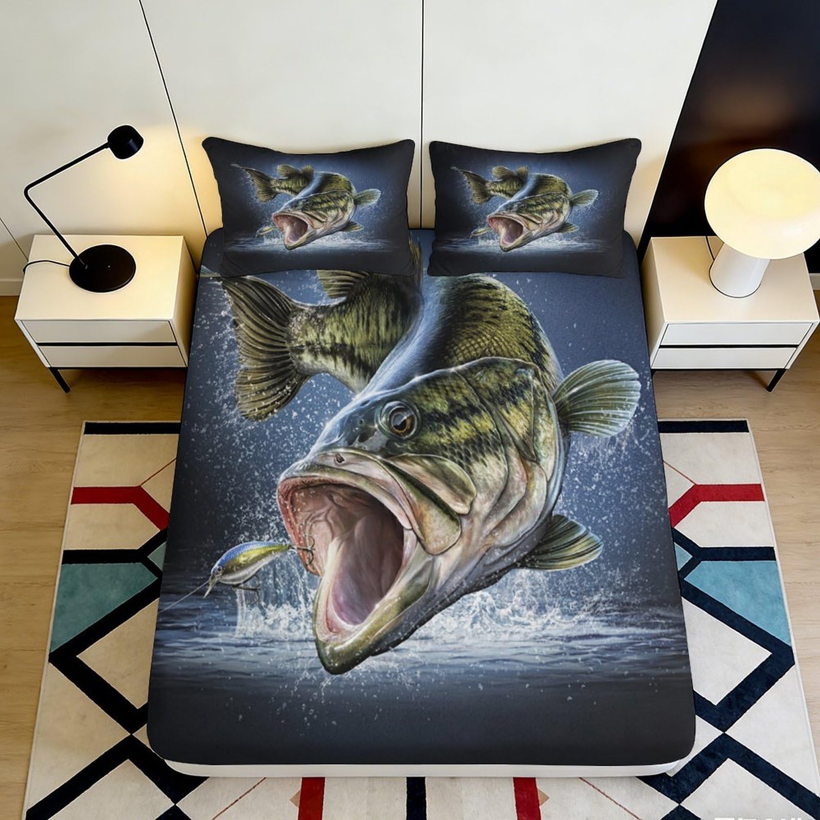 3D Printed Largemouth Bass Fitted Sheet Microfiber Soft Breathable River Fish Bed Cover for Bedroom Dorm Mattress Decor 90x200x25cm