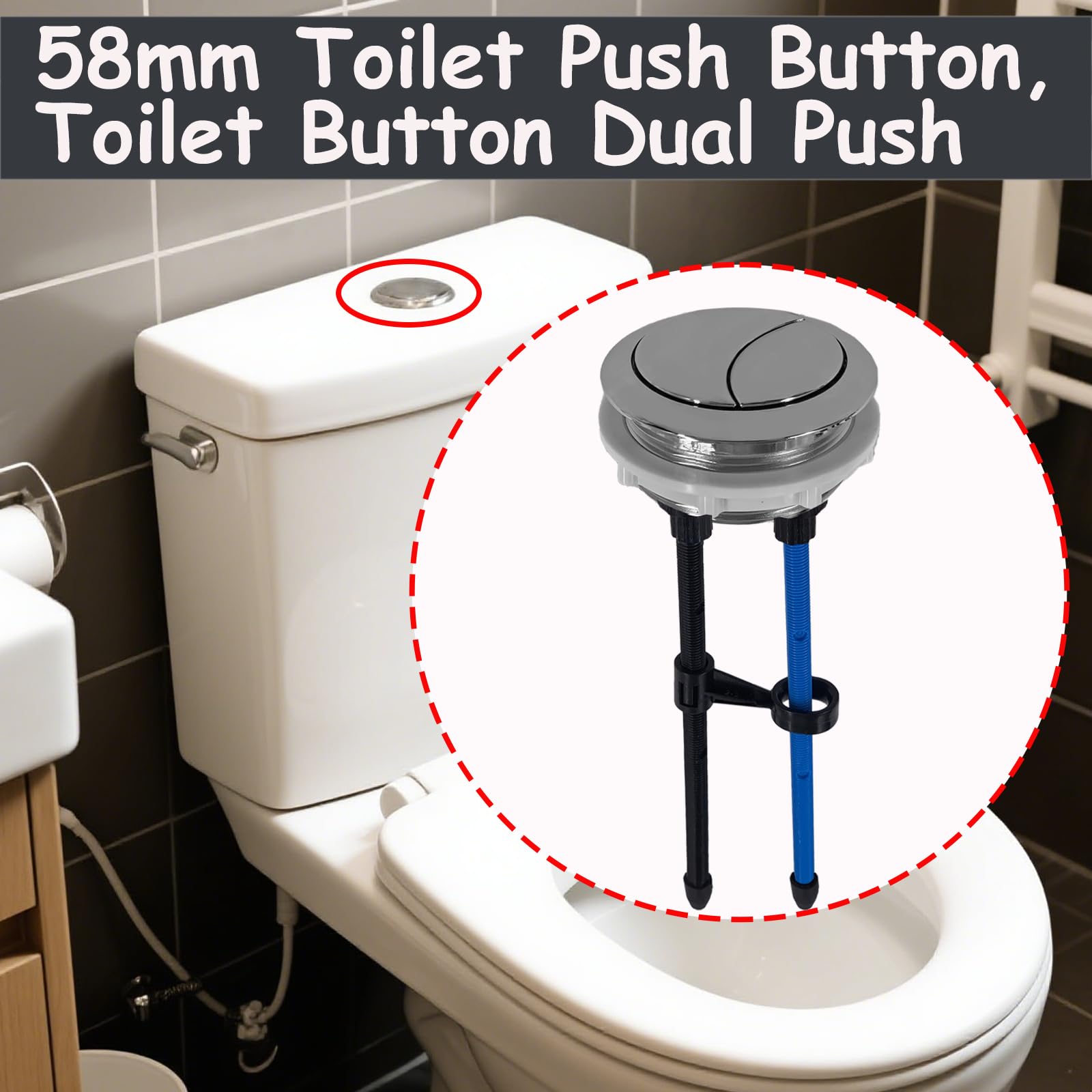 Botón pulsador de inodoro de 58 mm, botón de inodoro de doble pulsación, botón de descarga de inodoro, botón ajustable para tanque de agua de inodoro con diámetro de rosca