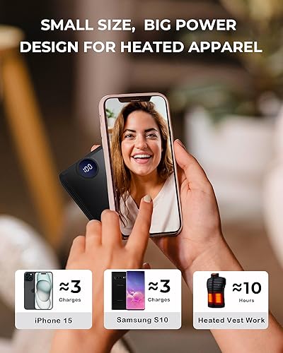 Miniatura 5 de Paquete de batería de chaleco calefactable, batería recargable con pantalla LED, entrada tipo C y salida USB-A dual para ropa térmica, chaleco,