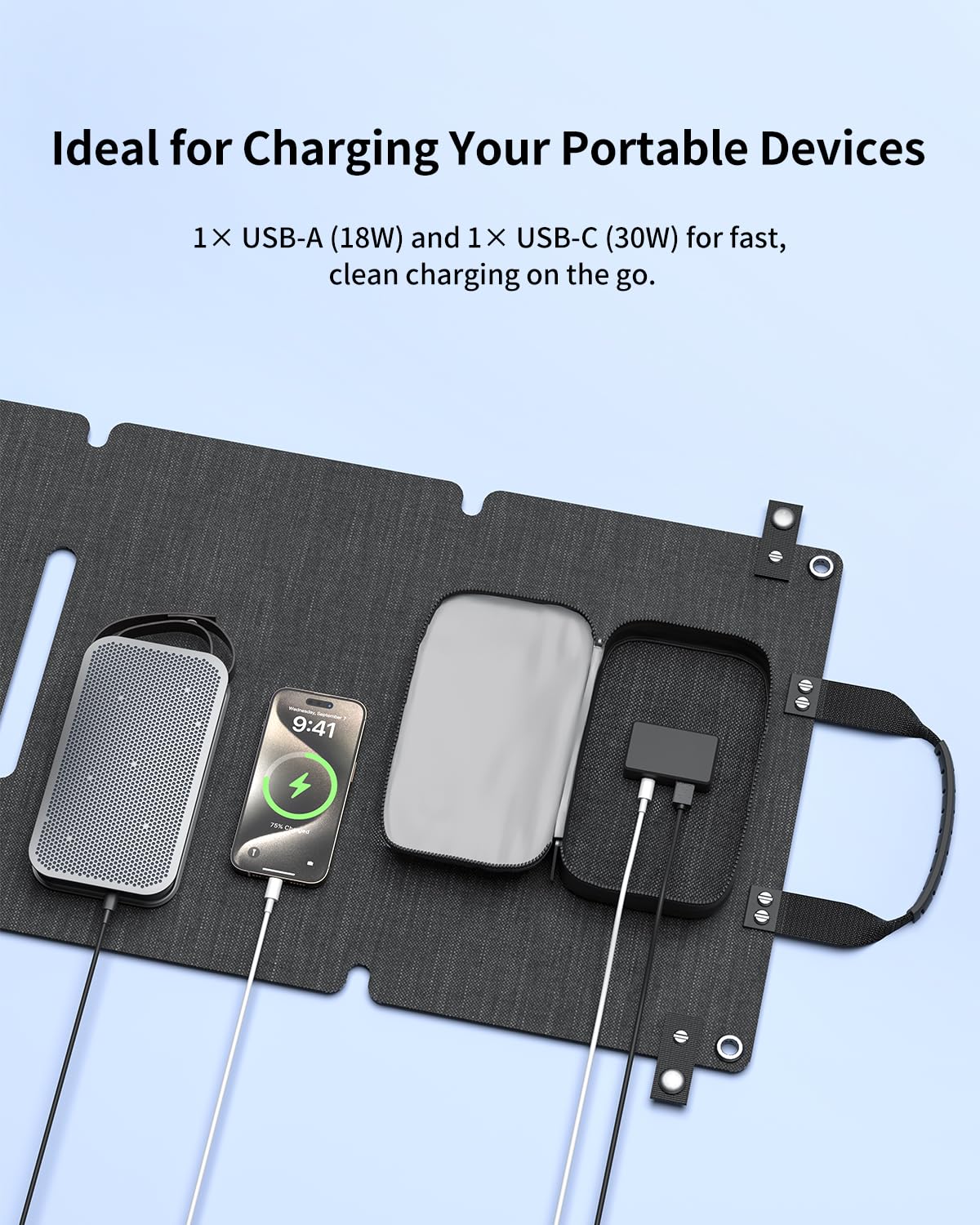 ABOK Asp45 45W faltbares Solarpanel-Ladegerät, USB-C 30W & USB-A 18W, IP67 | Mind. 23 % Wirkungsgrad, aufhängbar für Smartphone, Tablet und Powerbank, ideal für Camping, Wandern, Reisen, Outdoor-Touren
