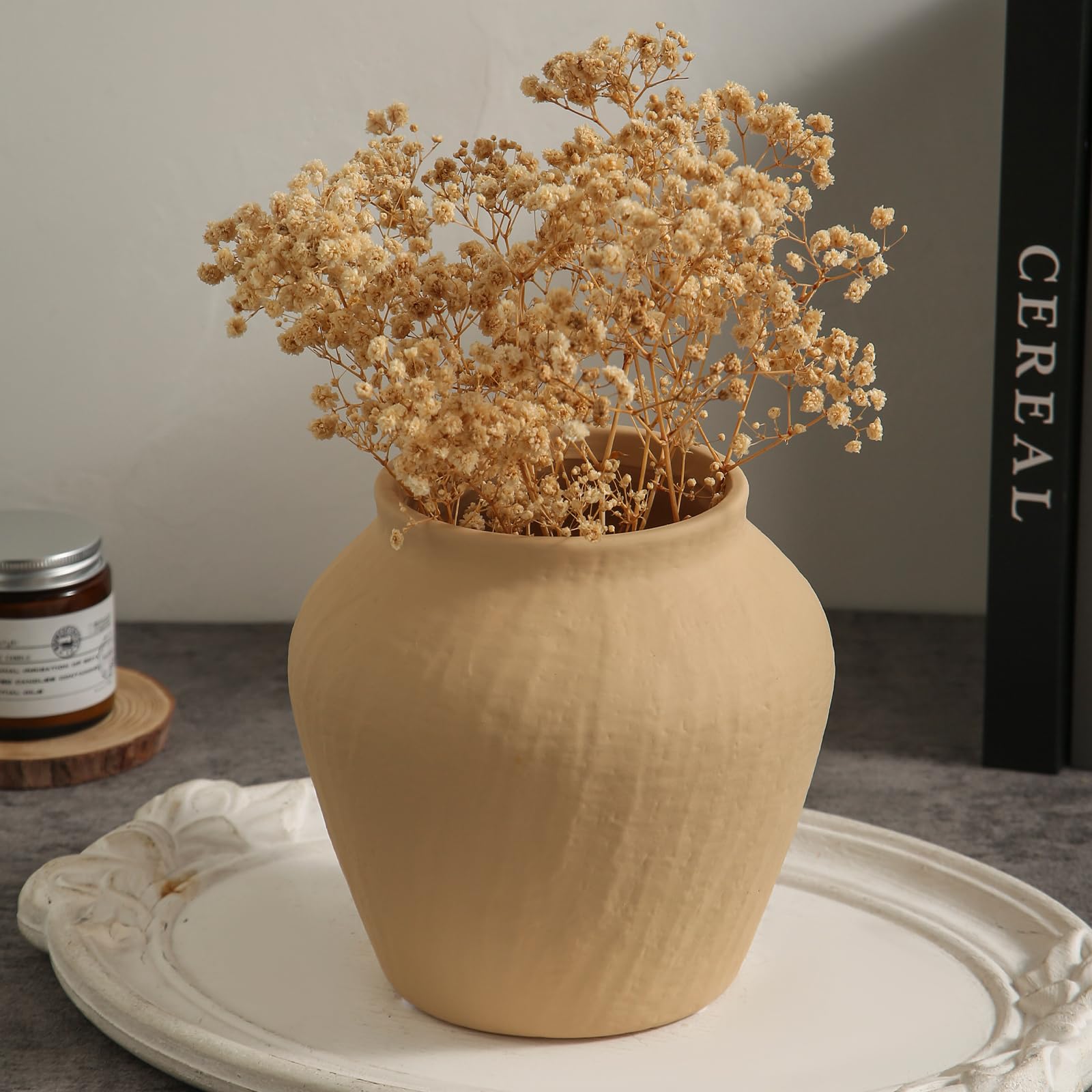 Ceramiczny wazon wiejski - żółty rustykalny wazon na kwiaty w stylu vintage do domu, salonu, półki i stołu jadalnego - 15 cm.