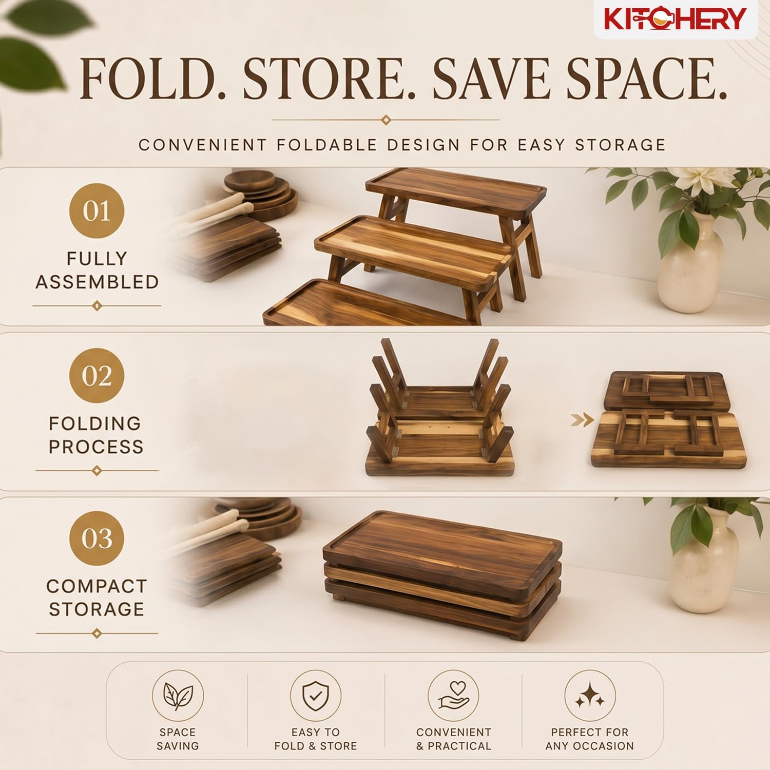 3 Tier Foldable Serving Tray, Acacia Wood Tiered Serving Stand for Parties, Lightweight Wooden Dessert Table Display Set for Charcuterie, Fruit, Cupcakes, Appetizers, Brown