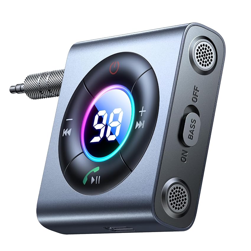 Immagine del prodotto JOYROOM 2024 Aux Bluetooth Auto, Ricevitore Bluetooth 5.3 con Bass Stereo Chiamate in Vivavoce, Bluetooth Auto con Jack Aux da 3,5mm Autonomia di 26 Ore, Bluetooth Aux per Auto, Cuffie Cablate