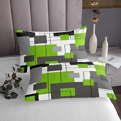 Miniatura 3 de Juego de edredón geométrico verde lima, gris, tamaño Queen, negro, gris, blanco, geométrico, cuadrado, para niños y niñas, juego de colcha abstracta