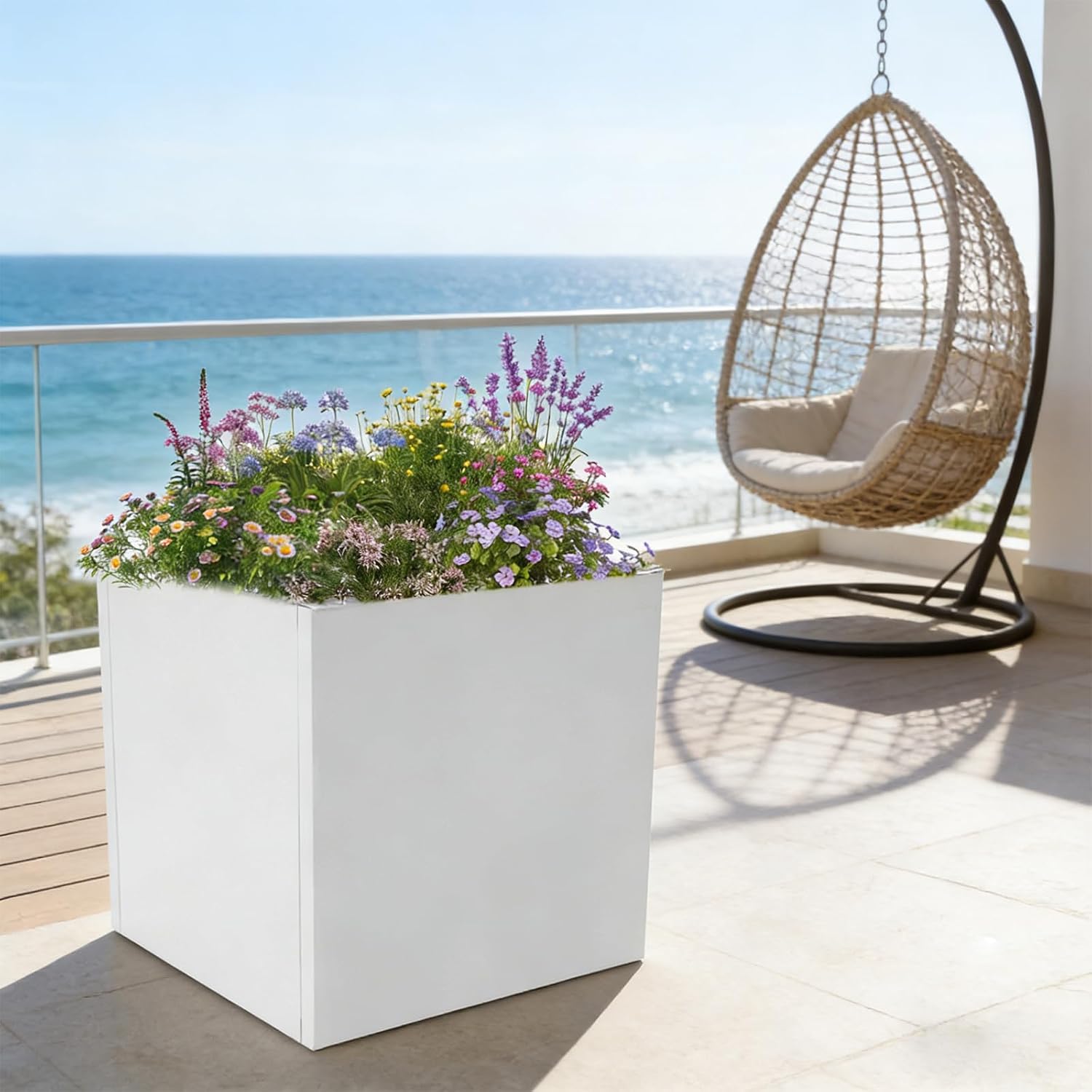 Steel Planter Box,White Planter Large Square Indoor Outdoor Planters,Heavy Duty Square Planter for Patio,Deck, Yard,Gard