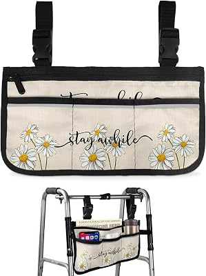 Daisy Wheelchair Side Bag Walker Bag, White Yellow Flower Rustic Floral Burlap Texture Wheelchair Accessories Armrest Pouch, Organizer Storage Bag for Walkers, Rollators, Scooters, 7.3''x13''