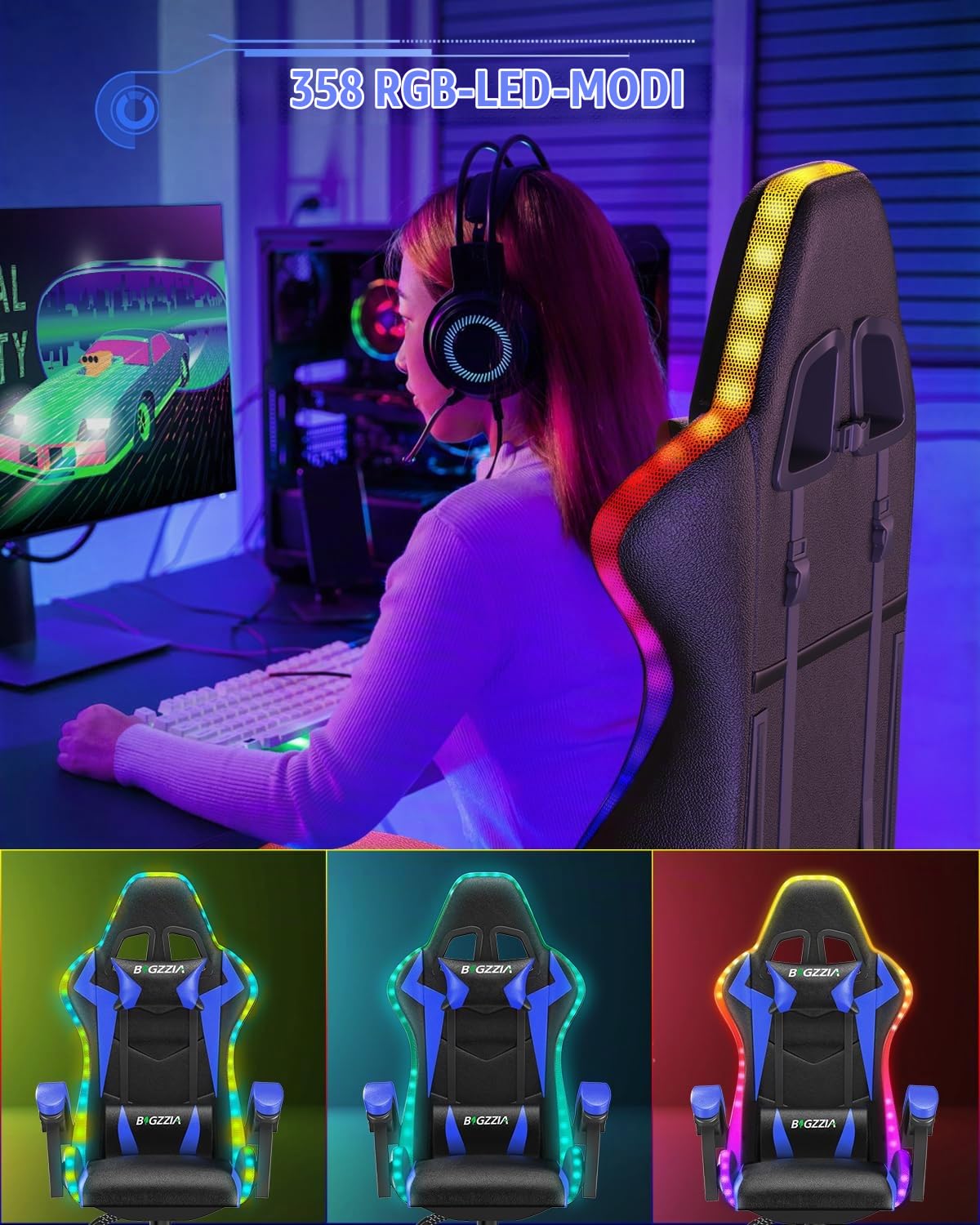 Racingreat LED/RGB Gaming Chair mit Schillernde Lichtleiste (Blau)