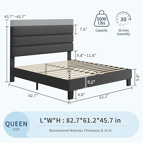 Miniatura 2 de IDEALHOUSE Base de cama Queen con cabecera ajustable, tapizada de tela de lino y soporte de listones de madera, base de colchón resistente de