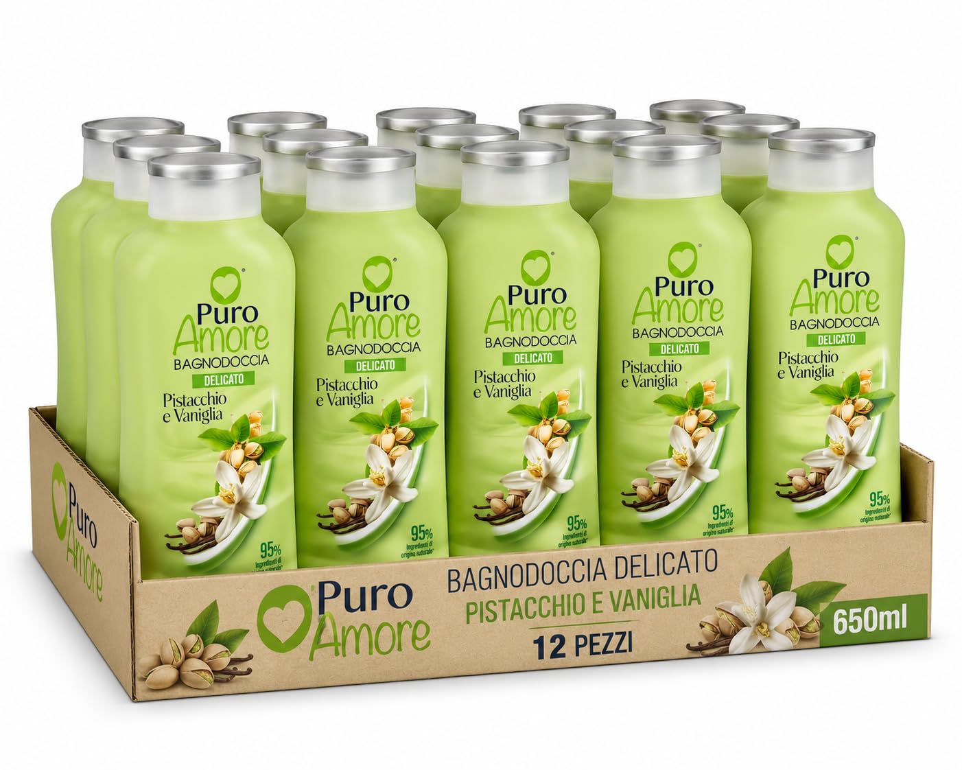 Bagnodoccia Delicato Pistacchio e Vaniglia 650 ml, Profumazione Dolce e Avvolgente, 95% Ingredienti di Origine Naturale, Made in Italy, Varianti 3 Pezzi 6 Pezzi 12 Pezzi (12 x 650 ml)