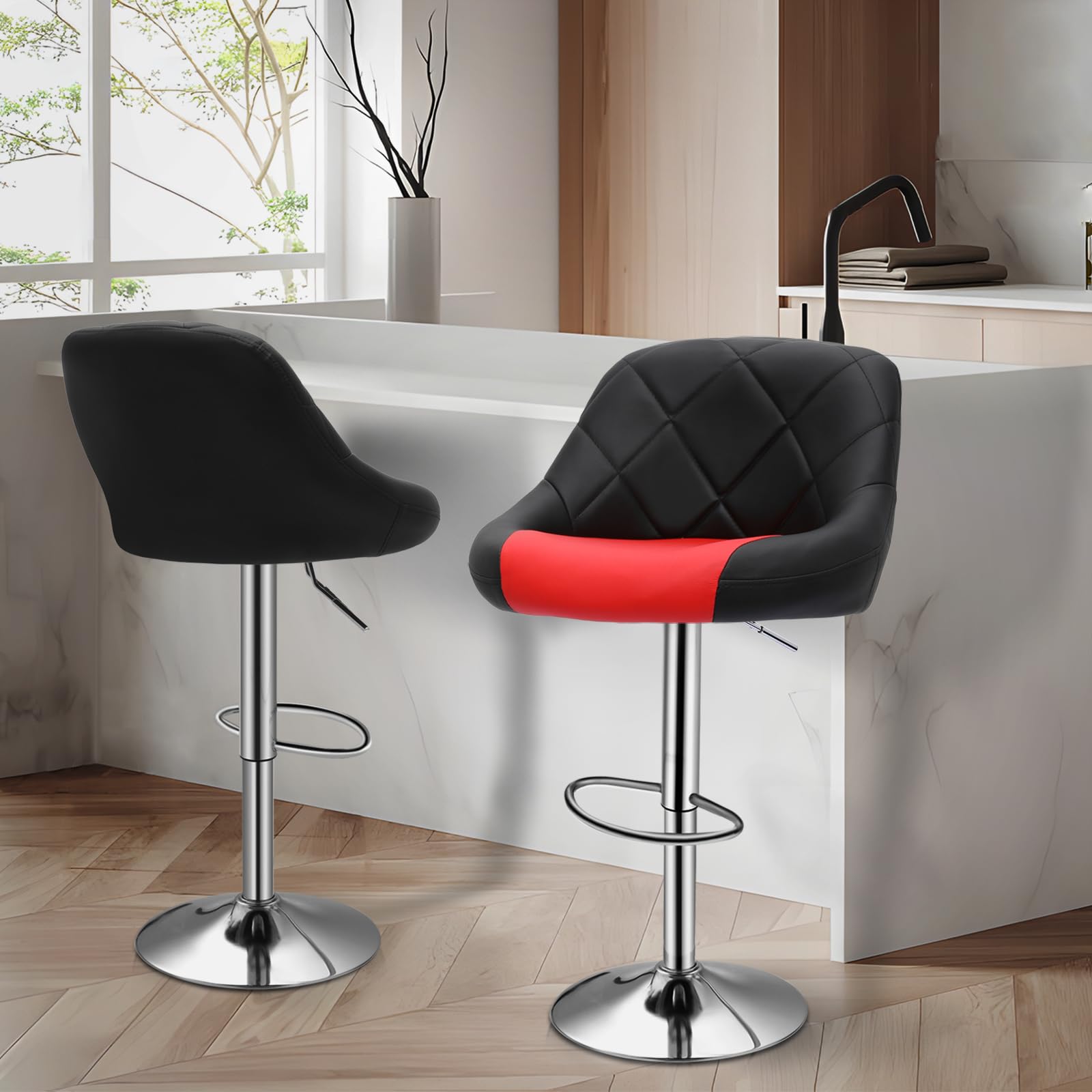 MoNiBloom Bar Stools Set of 2, Modern PU Leather Adjustable Swivel Barstool, Armless Kitchen Island Counter Chairs with Back & Footrest, Metal Base Island Stool, Black and Red