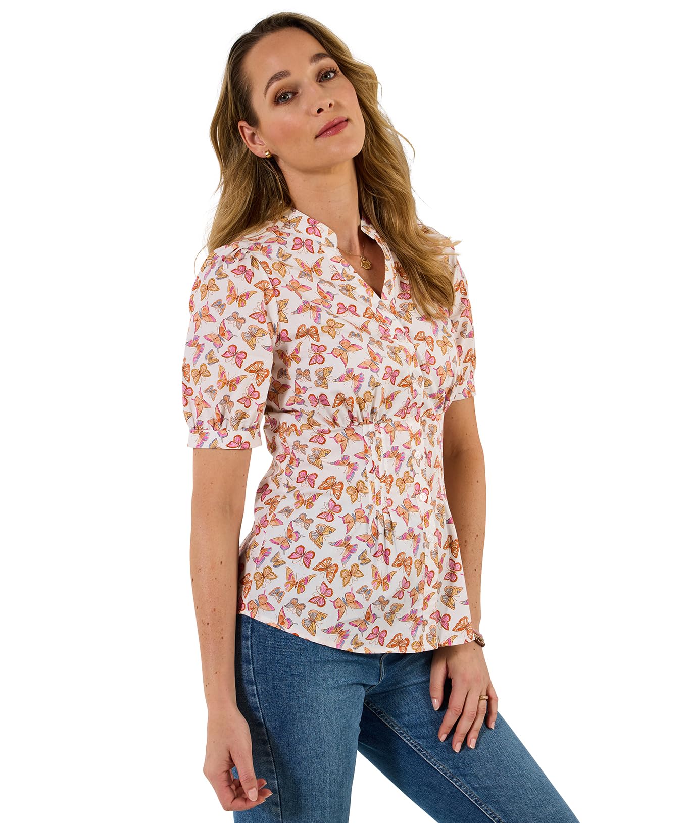 Joe Browns Women's Butterfly Print Short Sleeve Cotton Blouse, Slim, White, UK 12