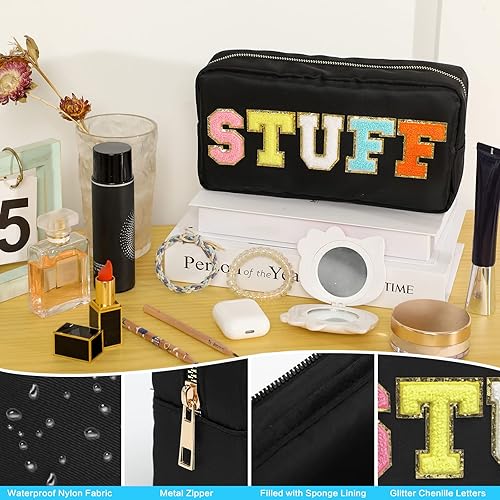 Miniatura 10 de DYSHAYEN Bolsa de cosméticos de nailon, pequeña bolsa de maquillaje para mujeres y niñas con parches de letras de chenilla, COSA-1, Preppy